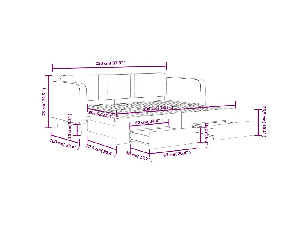 Slaapbank onderschuifbed en lades 90x200 cm fluweel donkergroen