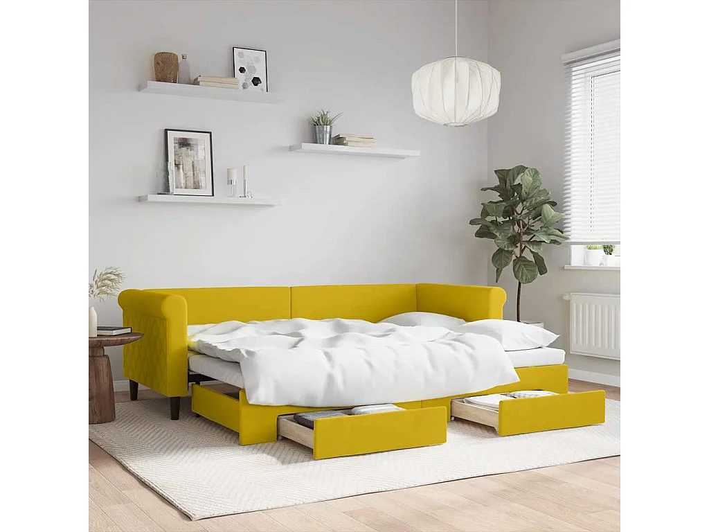 Divano Letto Estraibile con Cassetti Giallo 80x200cm in Velluto