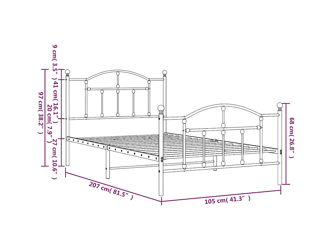 Cadre de lit métal sans matelas et pied de lit noir 100x200 cm
