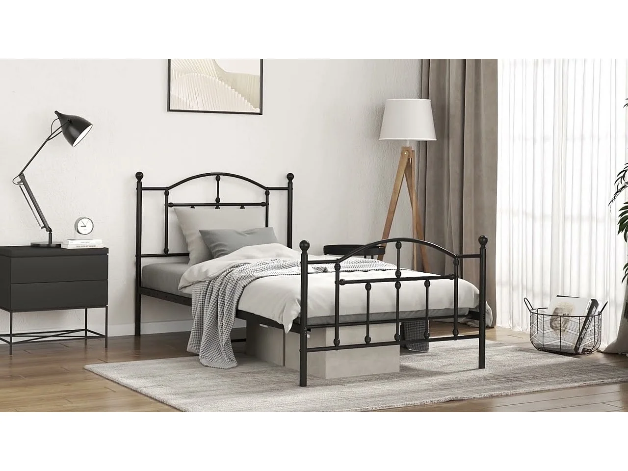 Cadre de lit métal sans matelas et pied de lit noir 100x200 cm