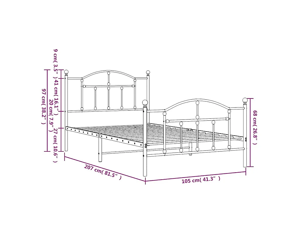 Cadre de lit métal sans matelas et pied de lit noir 100x200 cm