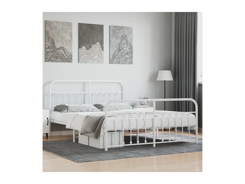 Cadre de lit métal sans matelas et pied de lit blanc 160x200 cm