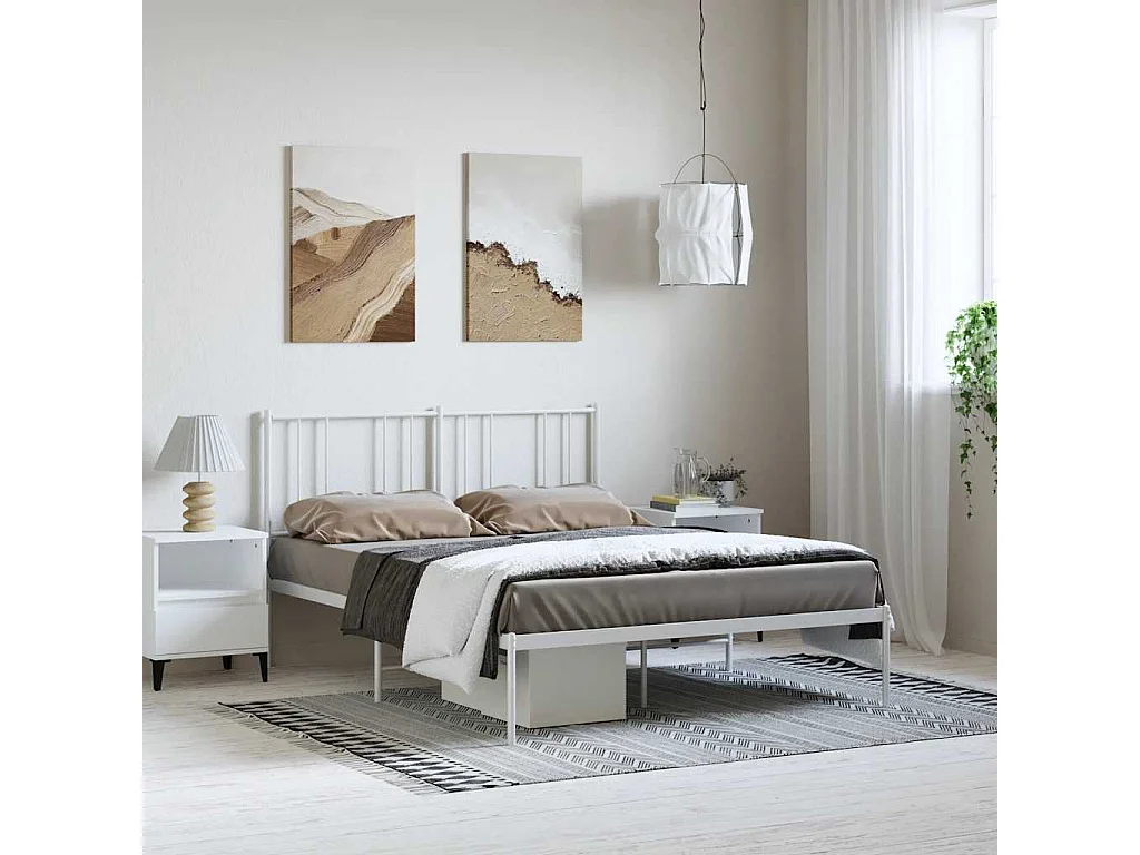 Cadre de lit métal sans matelas et tête de lit blanc 150x200 cm