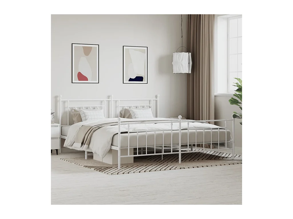 Cadre de lit métal sans matelas et pied de lit blanc 200x200 cm