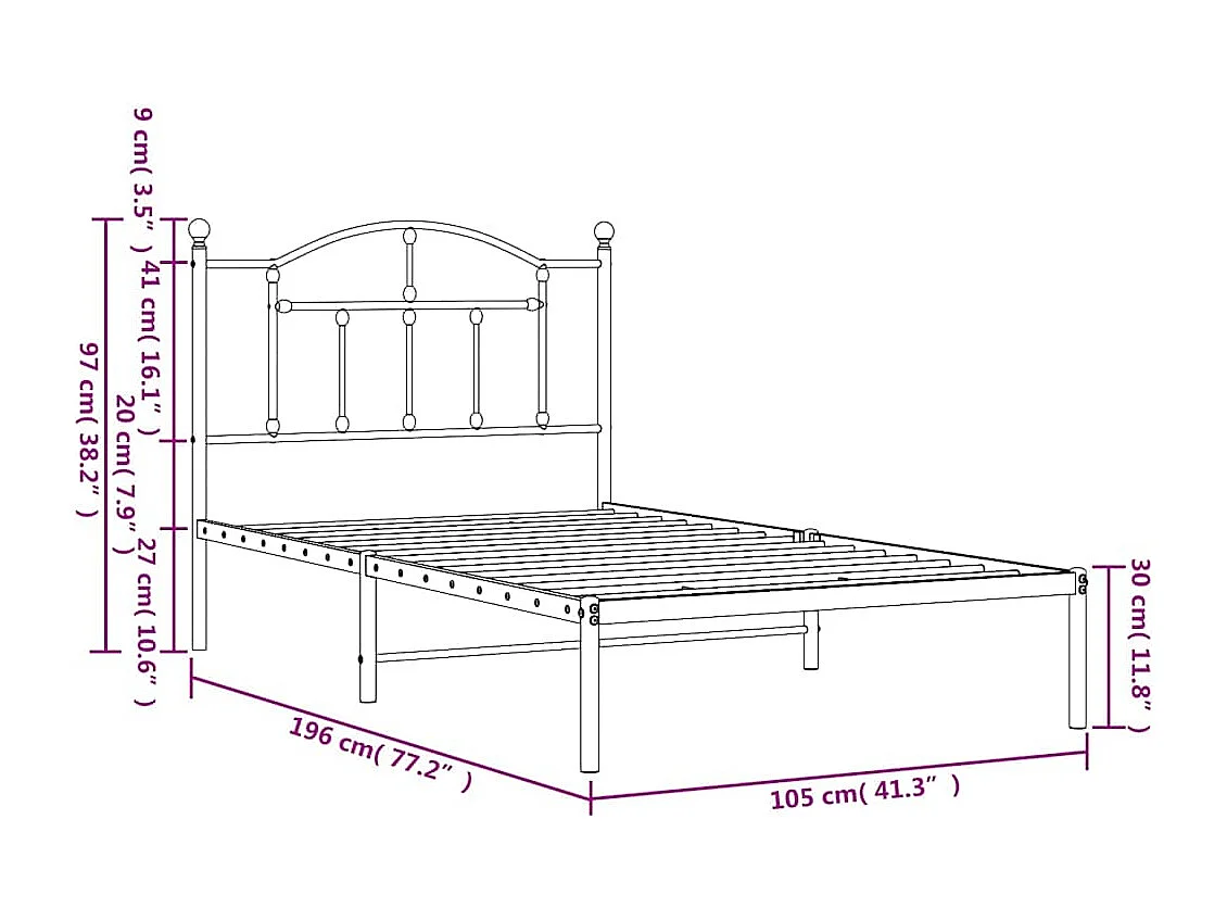 Cadre de lit métal sans matelas avec tête de lit noir 100x190cm