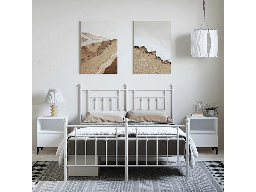 Cadre de lit métal sans matelas et pied de lit blanc 150x200 cm