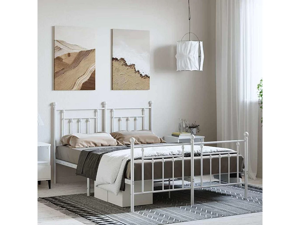 Cadre de lit métal sans matelas et pied de lit blanc 150x200 cm
