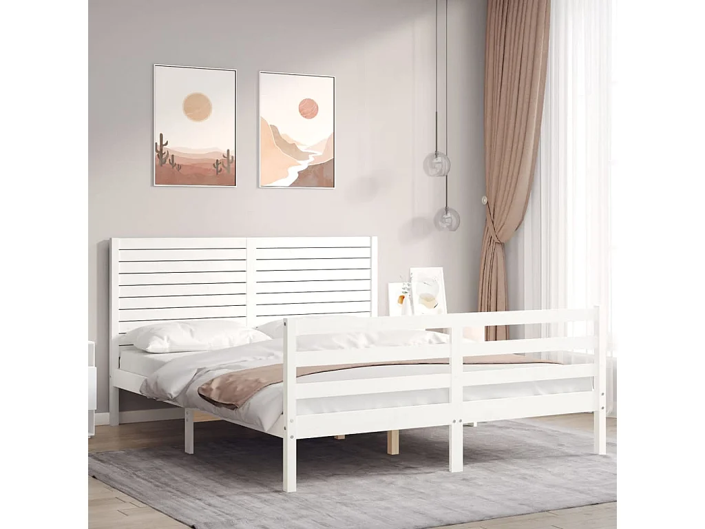 Bedframe met hoofdbord massief hout wit 160x200 cm
