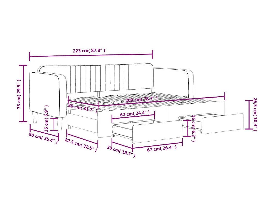 Lit de jour avec gigogne et tiroirs sans matelas 80x200 cm