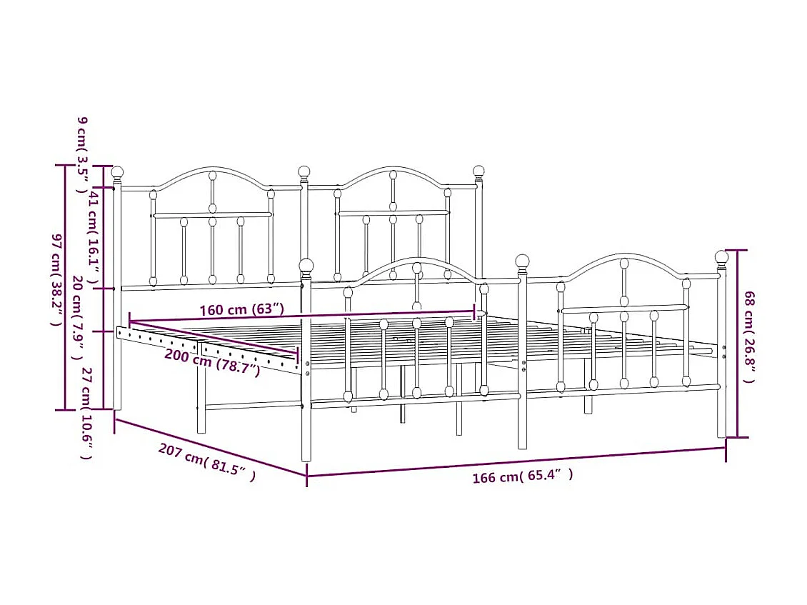 Estrutura de cama com cabeceira e pés 160x200 cm metal branco