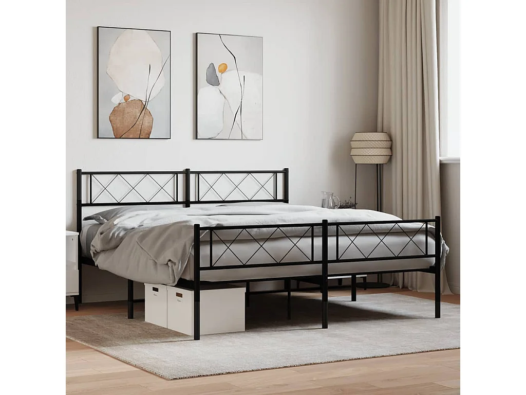 Cadre de lit métal sans matelas avec pied de lit noir 140x200cm
