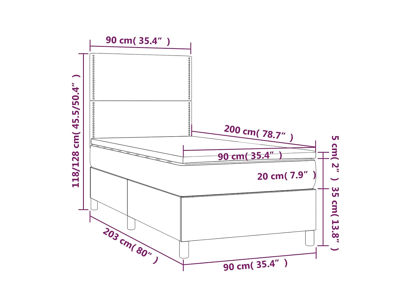 Letto a Molle Materasso e LED Marrone Scuro 90x200cm in Tessuto