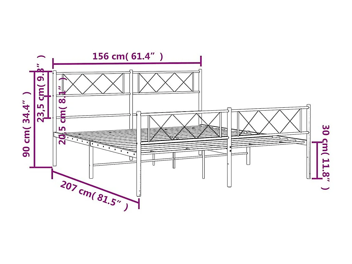 Cadre de lit métal sans matelas avec pied de lit noir 150x200cm