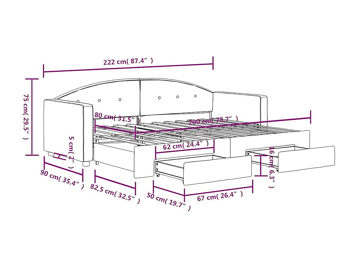 Lit de jour avec gigogne et tiroirs jaune 80x200 cm velours