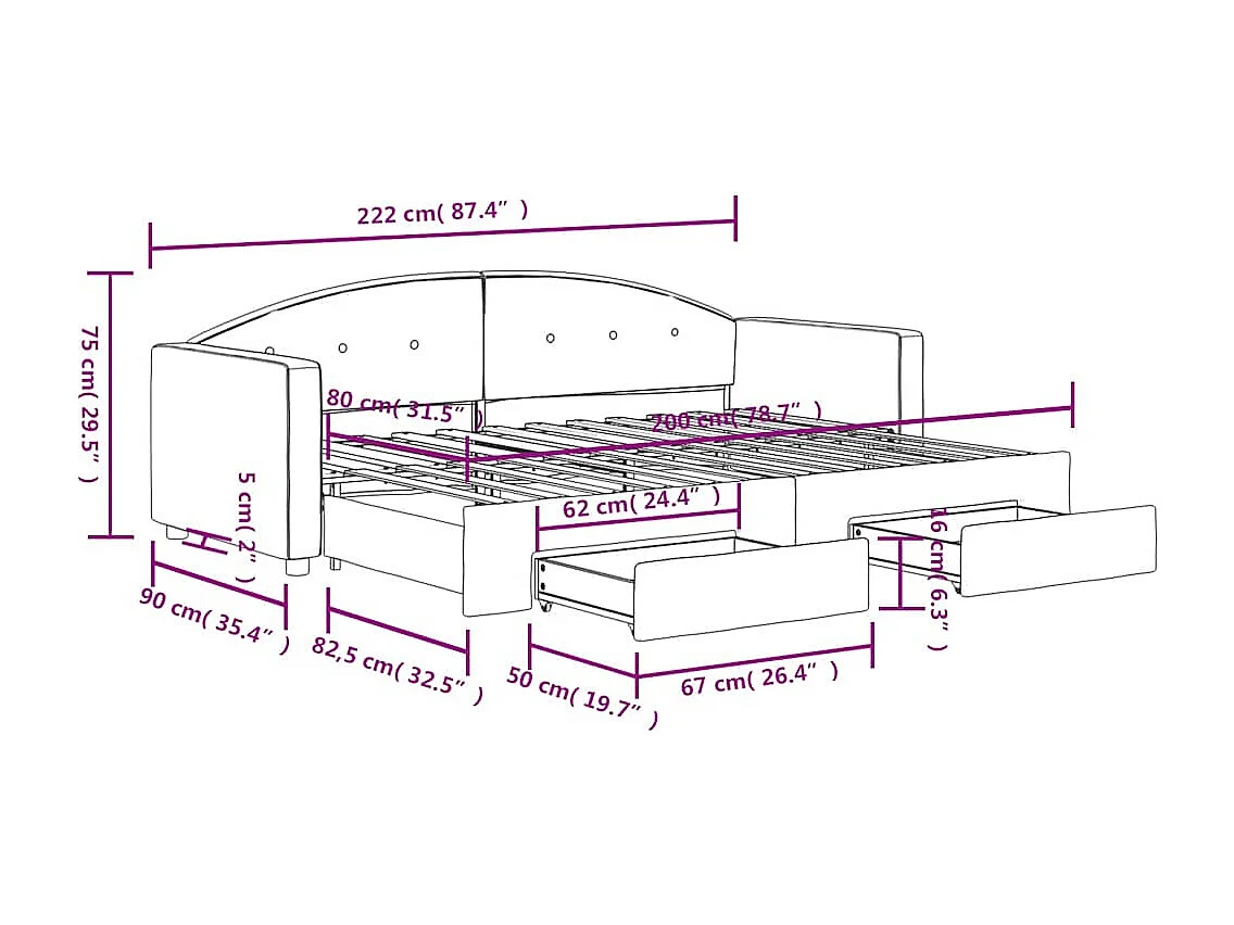 Lit de jour avec gigogne et tiroirs jaune 80x200 cm velours
