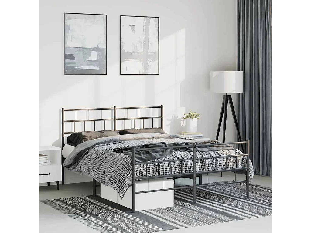 Cadre de lit métal sans matelas avec pied de lit noir 135x190cm