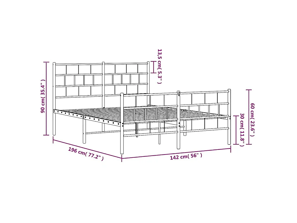 Cadre de lit métal sans matelas avec pied de lit noir 135x190cm