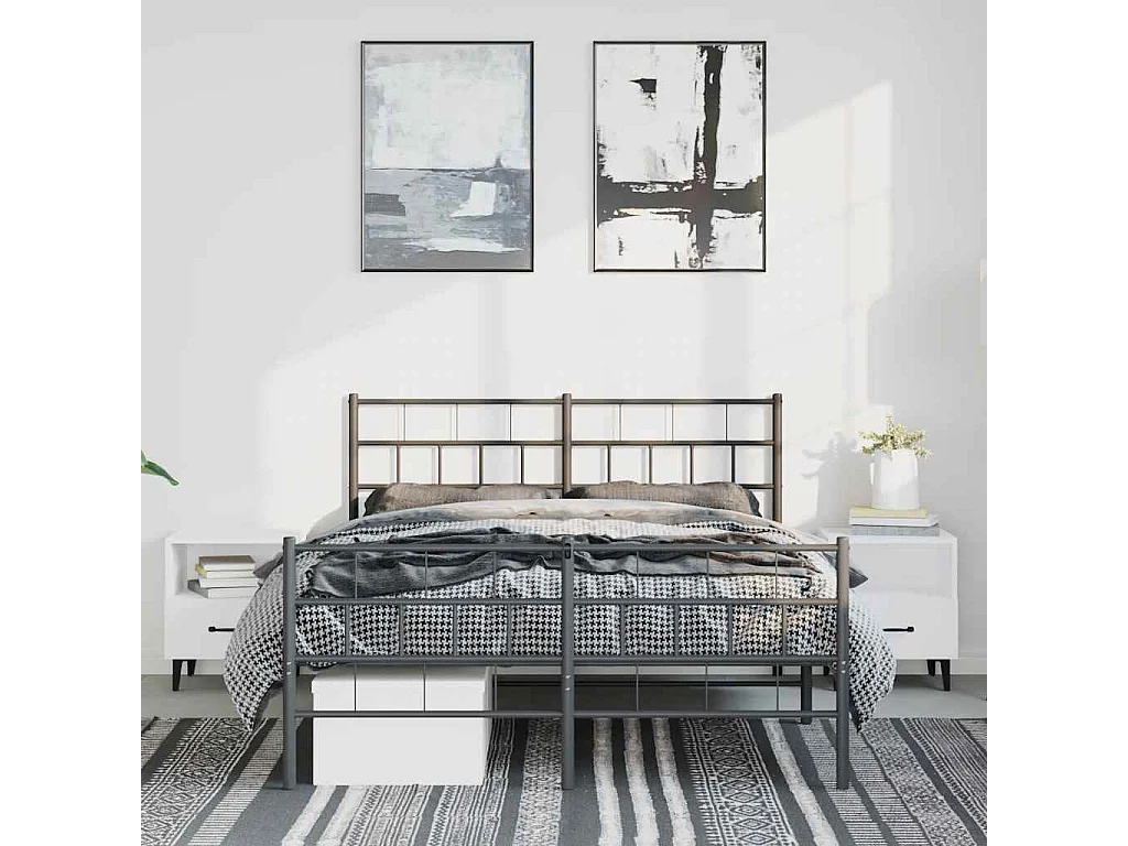 Cadre de lit métal sans matelas avec pied de lit noir 135x190cm