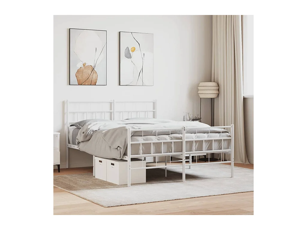 Cadre de lit métal sans matelas et pied de lit blanc 140x200 cm