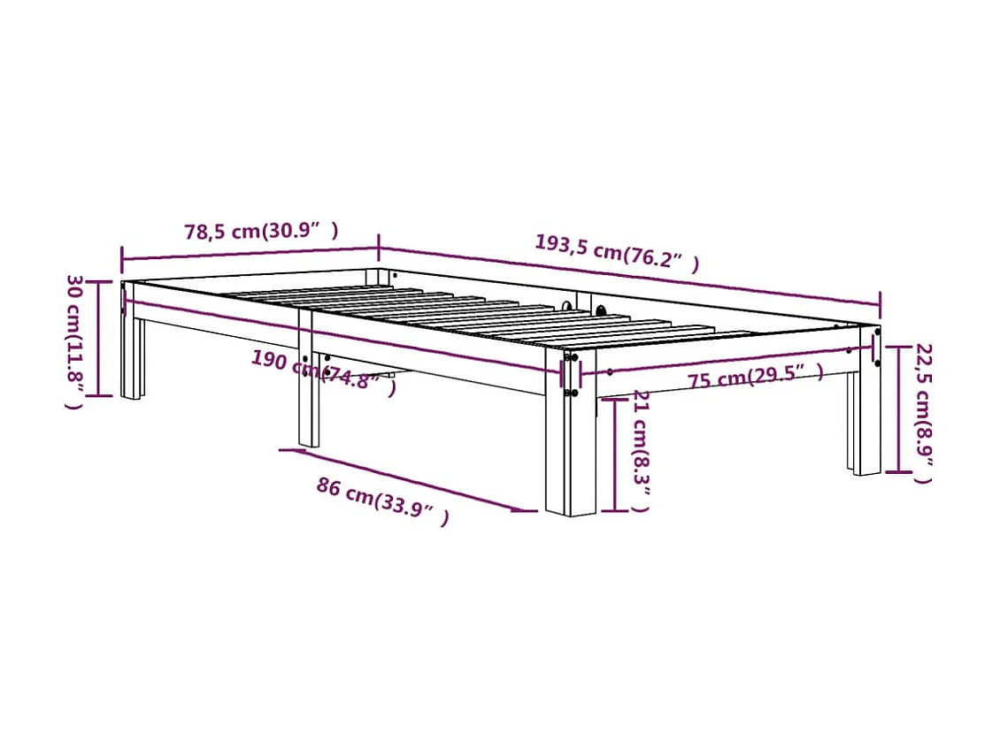 Bedframe massief hout 75x190 cm