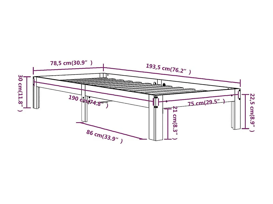 Bedframe massief hout 75x190 cm