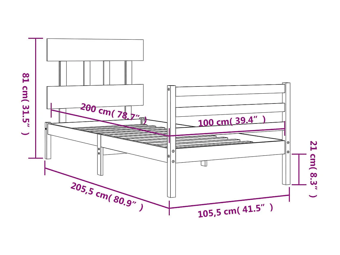 Bedframe met hoofdbord massief hout 100x200 cm