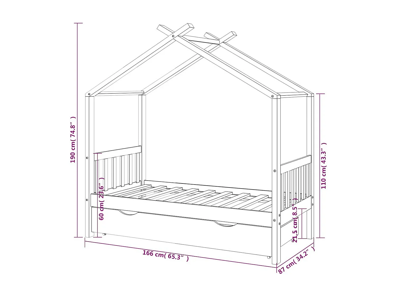 Estrutura de cama para criança c/ gaveta 80x160 cm pinho maciço