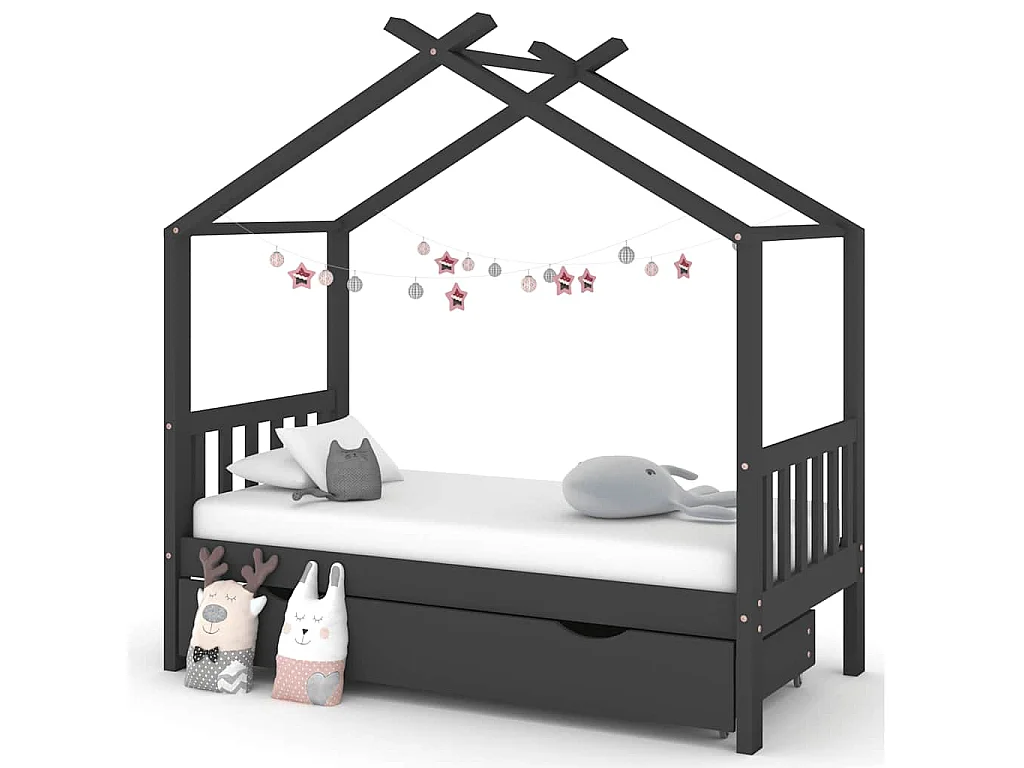 Kinderbedframe met lade grenenhout donkergrijs 80x160 cm