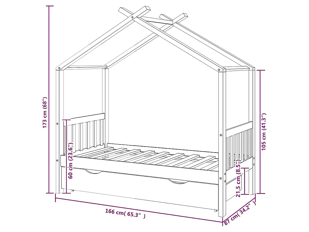 Kinderbedframe met lade grenenhout donkergrijs 80x160 cm