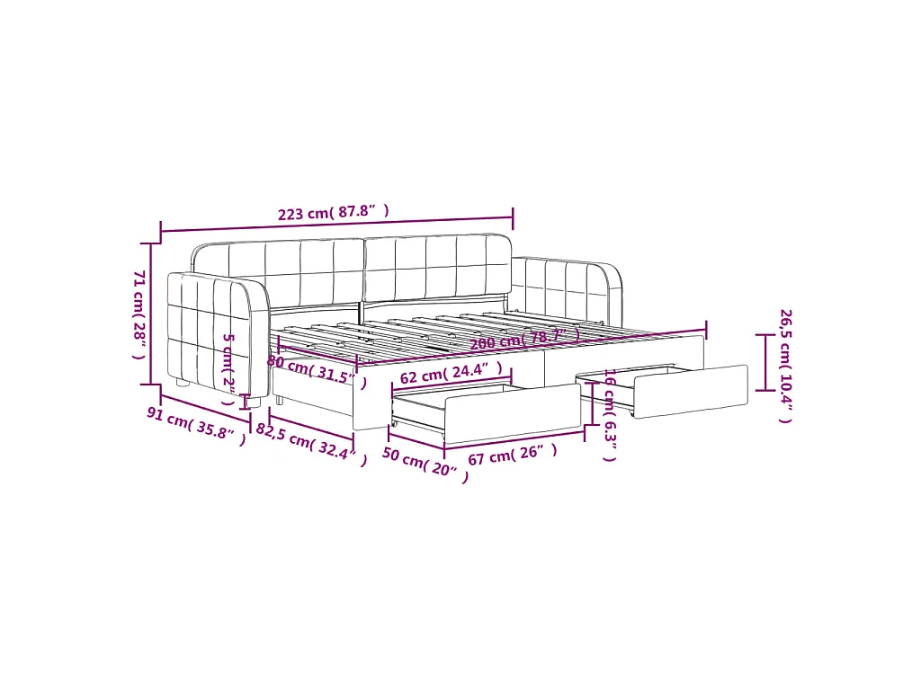Lit de jour avec gigogne et tiroirs sans matelas noir 80x200 cm