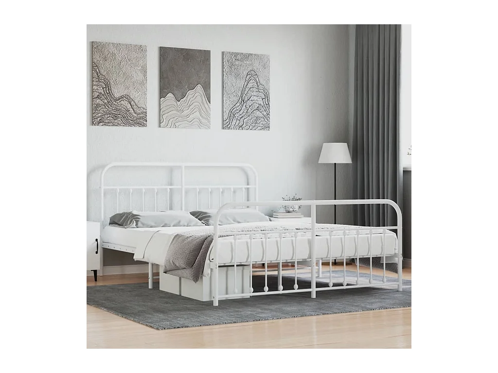 Cadre de lit métal sans matelas et pied de lit blanc 180x200 cm