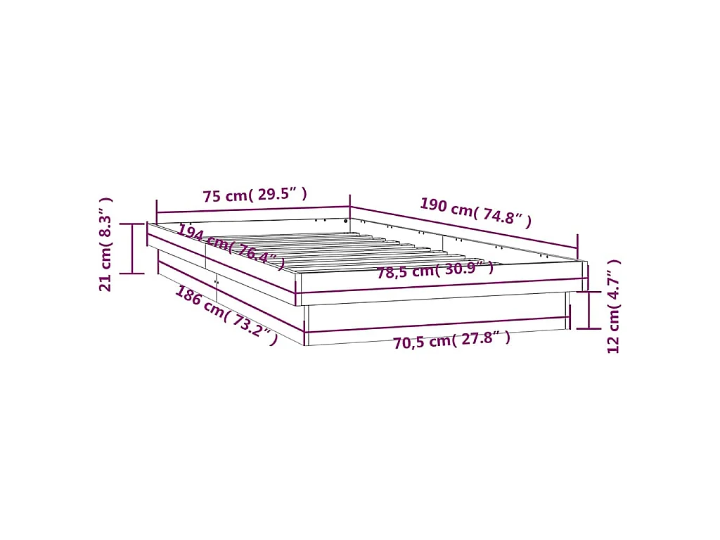 Bedframe LED massief hout wit 75x190 cm