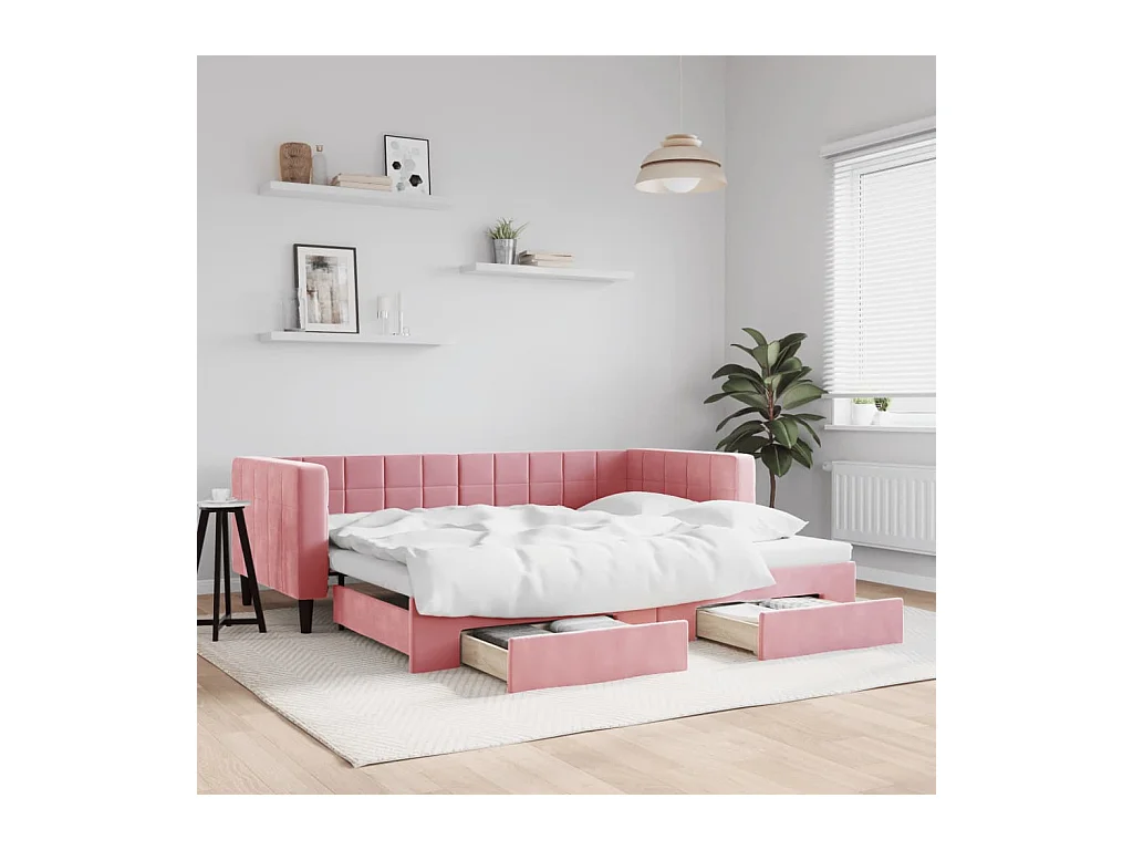 Lit de jour avec gigogne et tiroirs sans matelas rose 90x200 cm