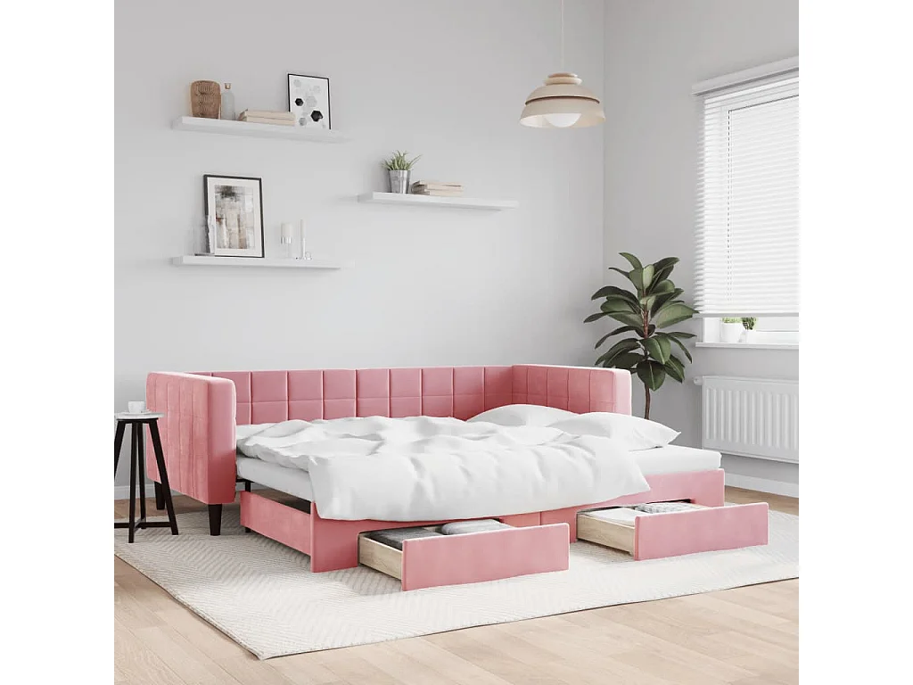 Tagesbett Ausziehbar mit Schubladen Rosa 90x200 cm Samt