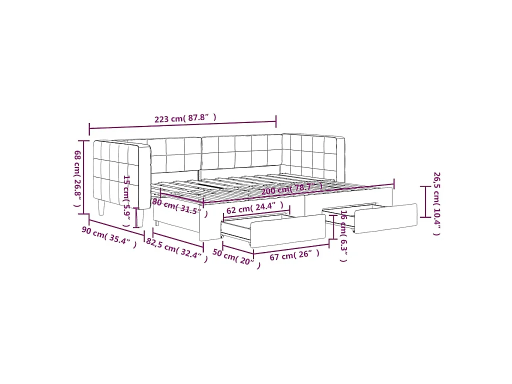 Slaapbank met onderschuifbed en lades 80x200 cm fluweel geel