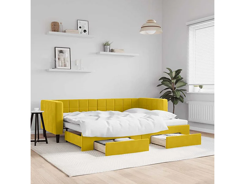 Divano Letto Estraibile con Cassetti Giallo 80x200cm in Velluto
