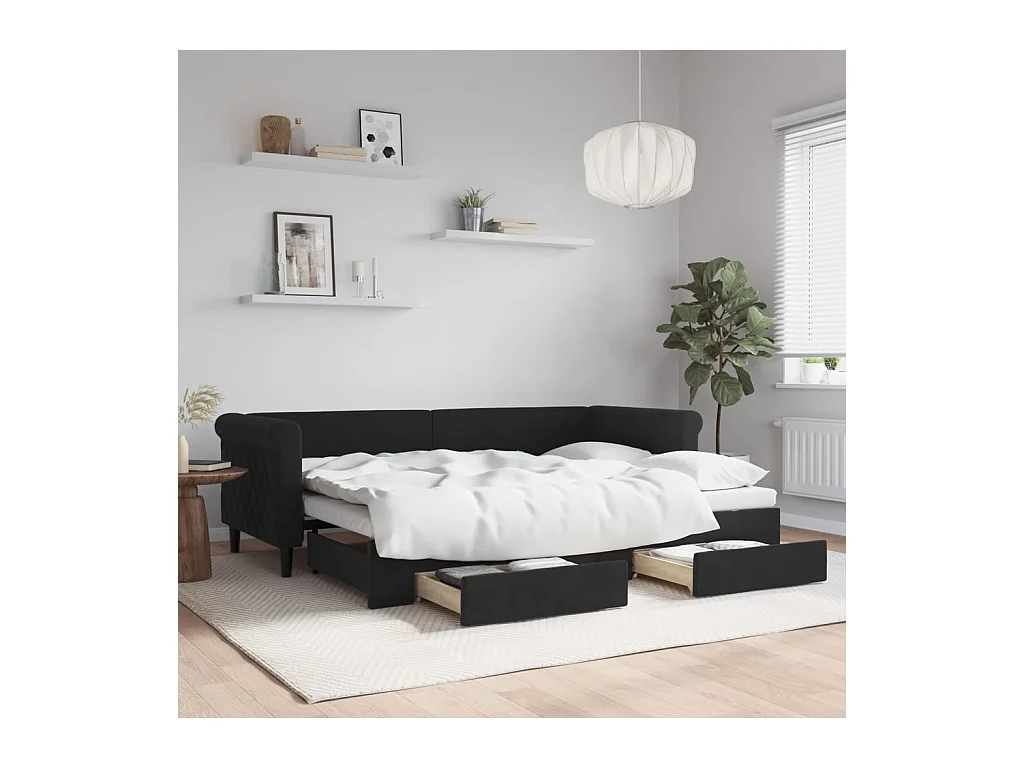Tagesbett Ausziehbar mit Schubladen Schwarz 80x200 cm Samt
