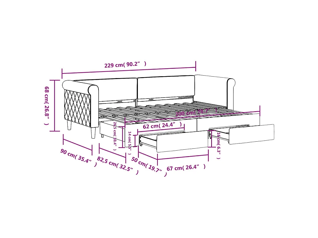 Lit de jour avec gigogne et tiroirs sans matelas noir 80x200 cm
