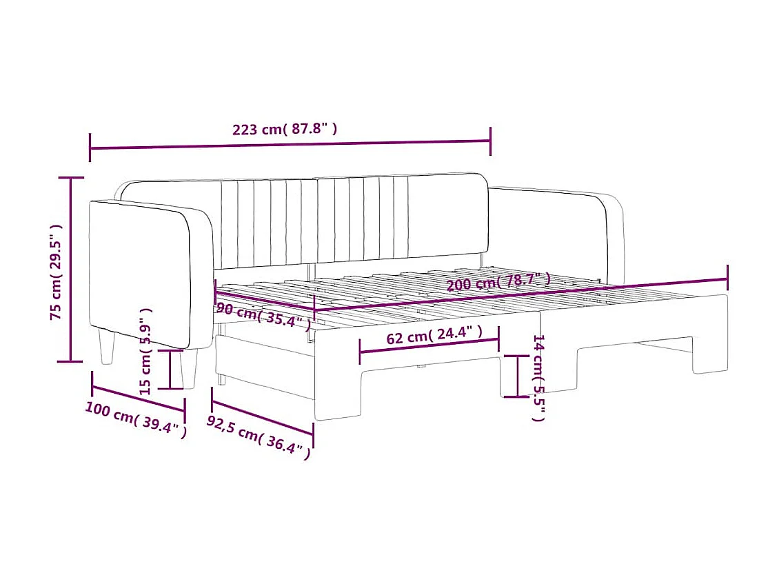 Lit de jour avec lit gigogne jaune 90x200 cm velours