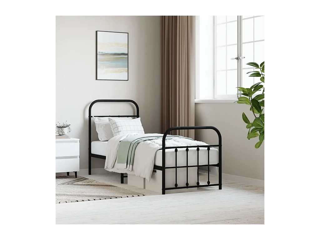 Cadre de lit métal sans matelas avec pied de lit noir 75x190 cm
