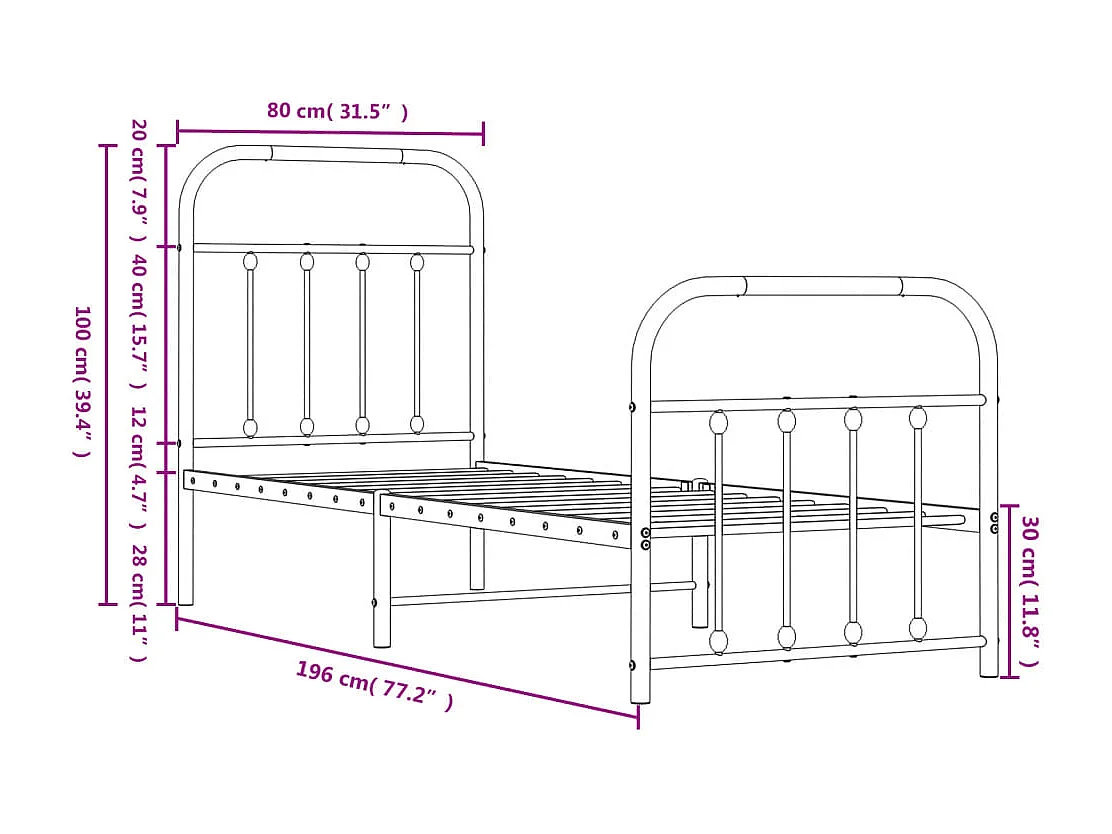 Estructura cama sin colchón con estribo metal negro 75x190 cm