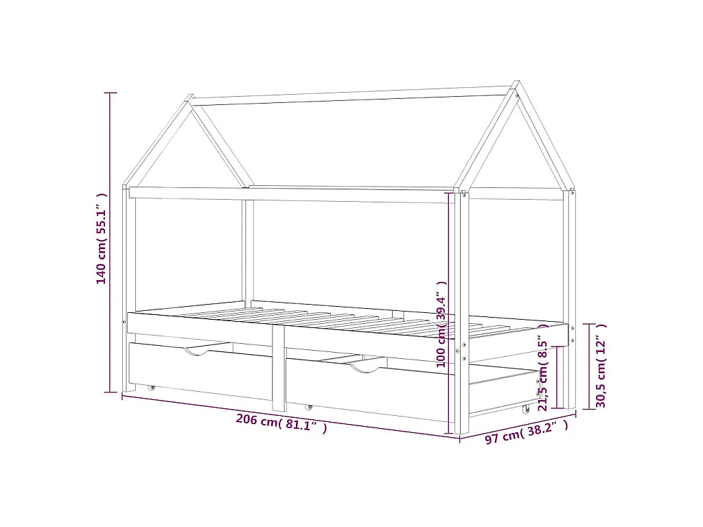 Cadre de lit d'enfant avec tiroirs Gris foncé Pin 90x200 cm