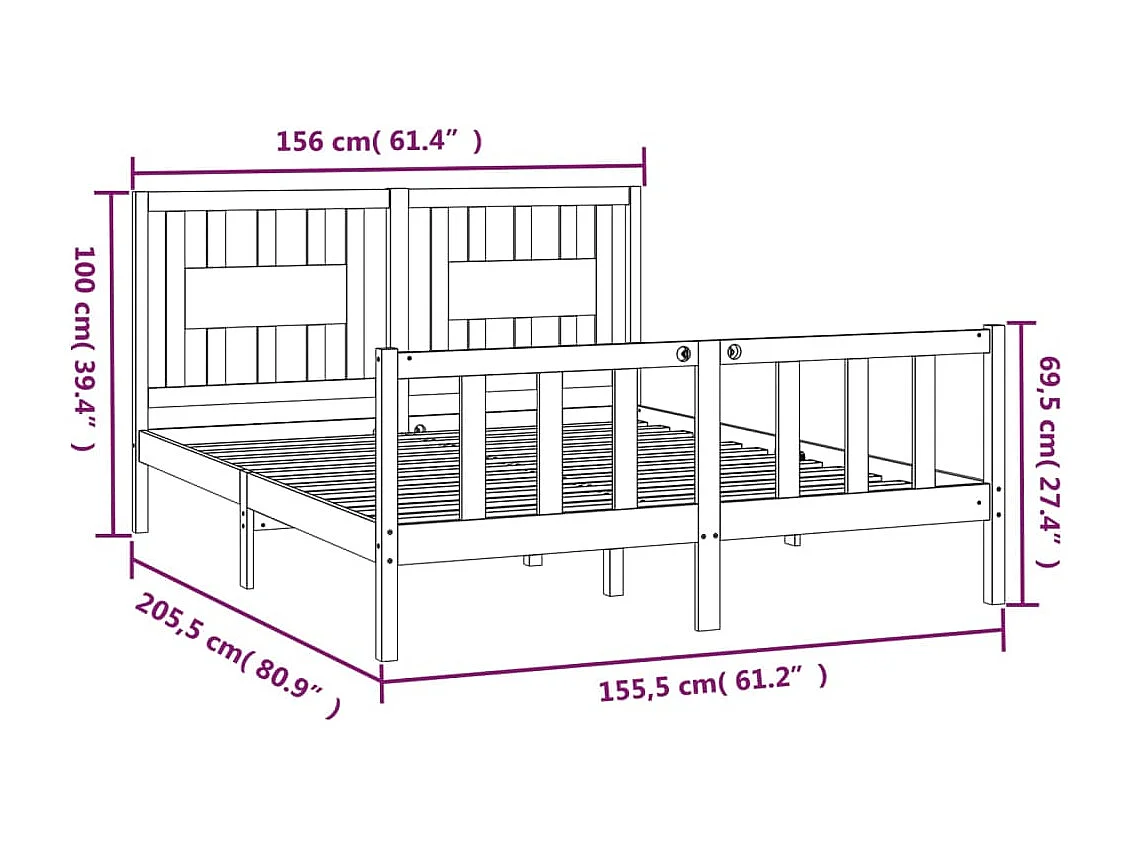 Estrutura cama casal c/ cabeceira 150x200cm pinho maciço cinza