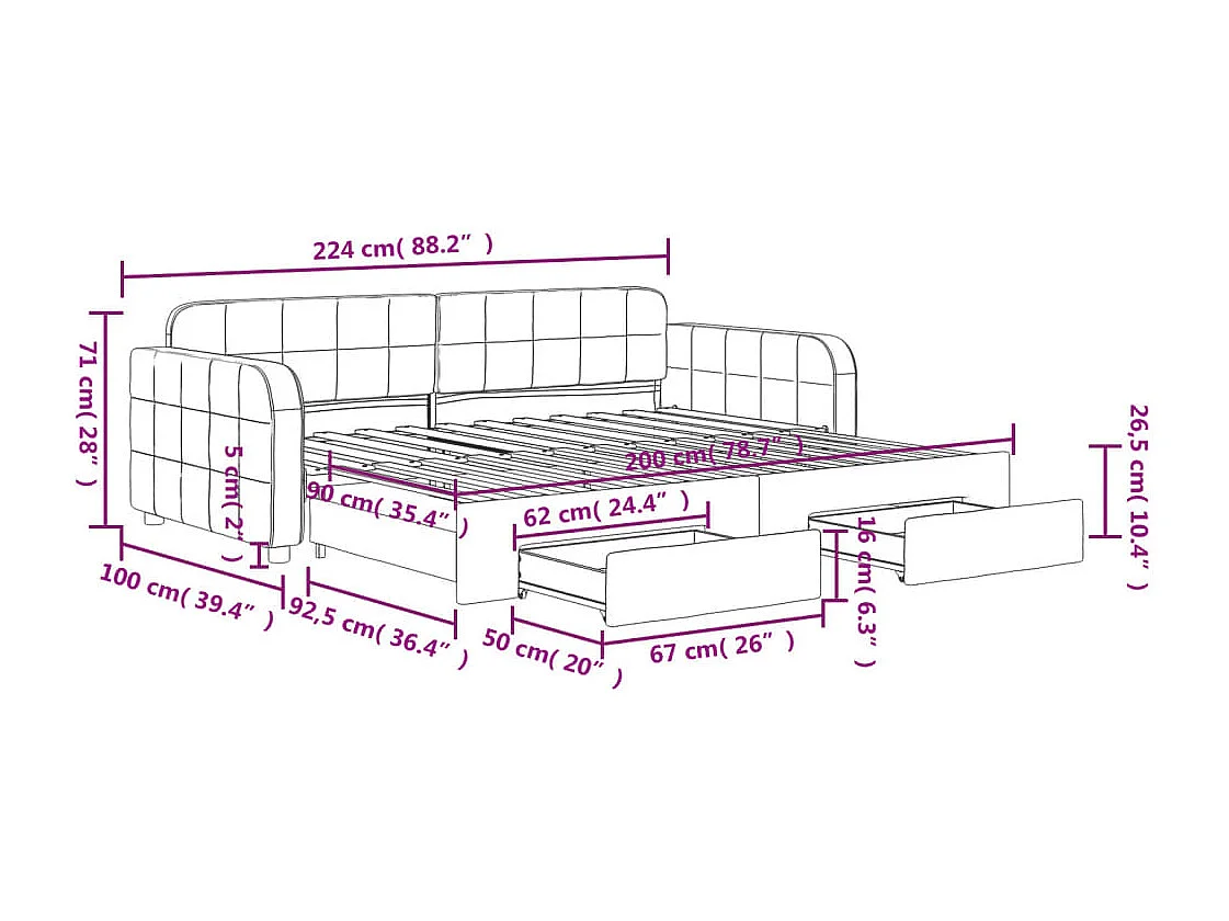 Slaapbank met onderschuifbed en lades 90x200 cm fluweel zwart