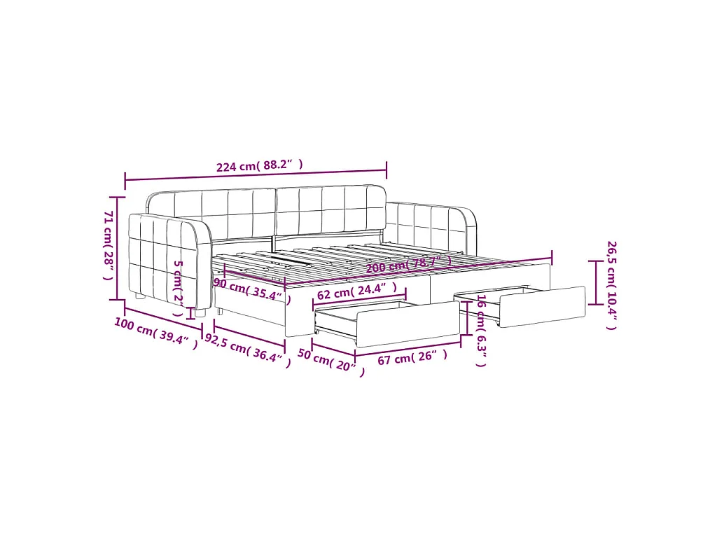Tagesbett Ausziehbar mit Schubladen Schwarz 90x200 cm Samt