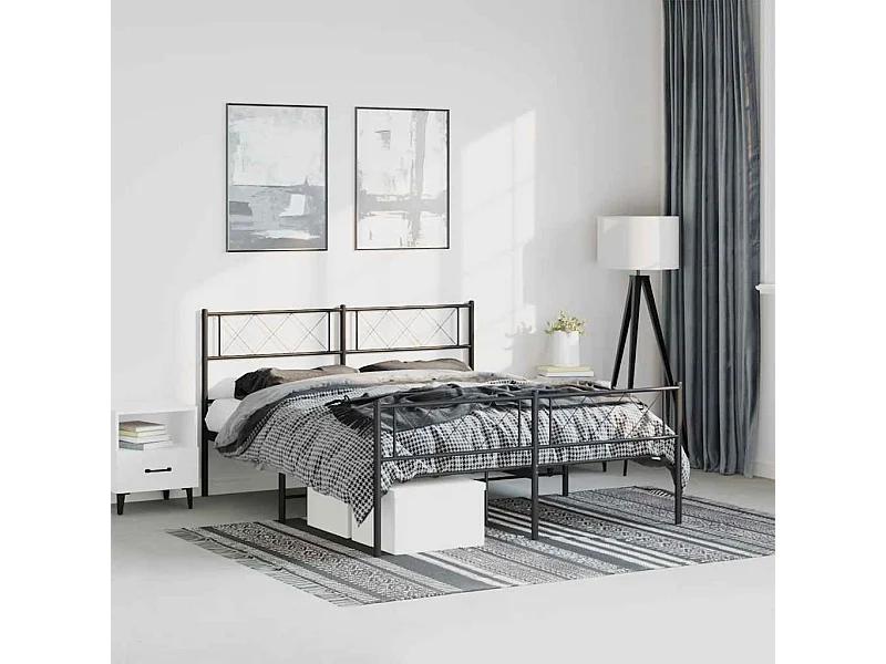 Cadre de lit métal sans matelas avec pied de lit noir 135x190cm