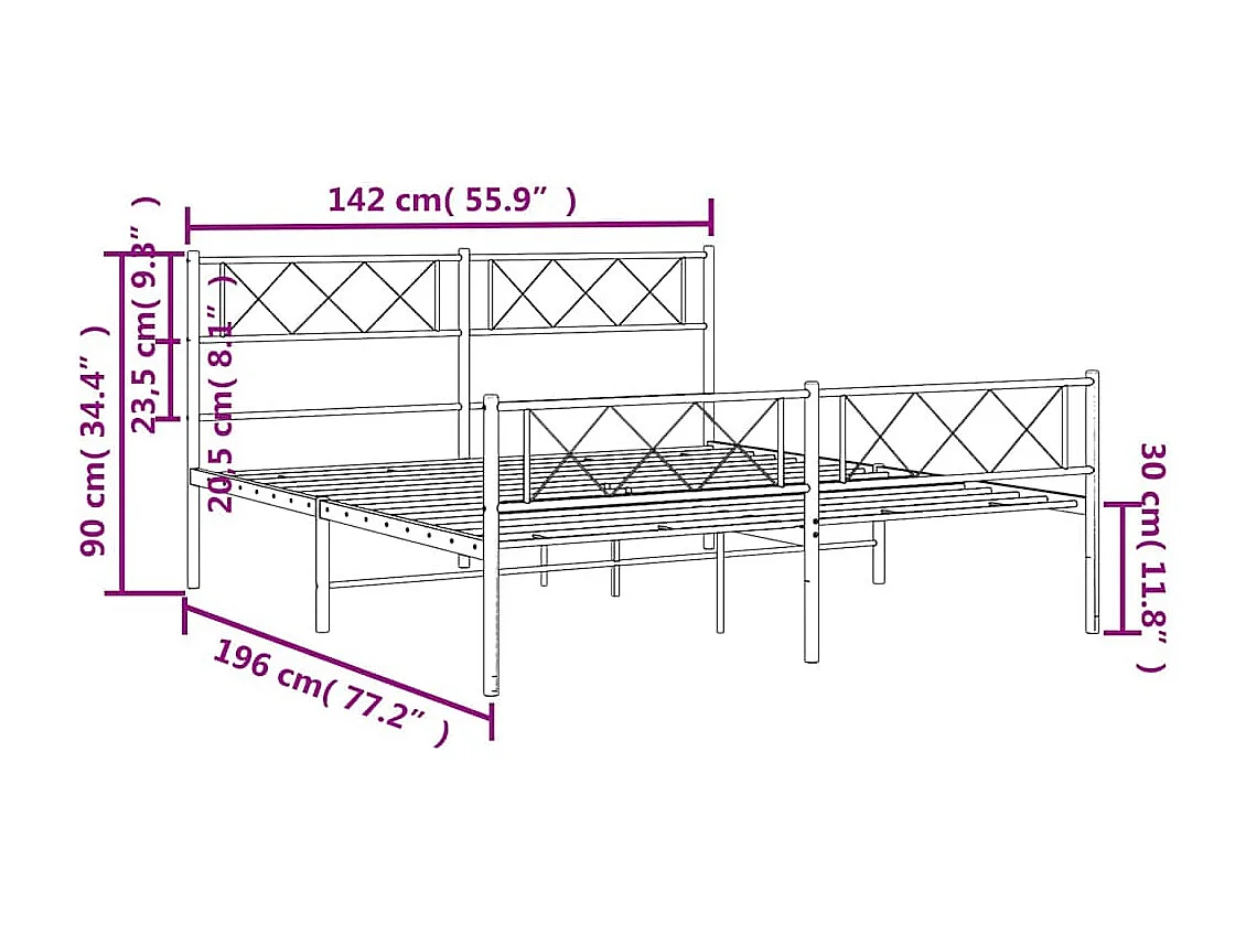 Cadre de lit métal sans matelas avec pied de lit noir 135x190cm
