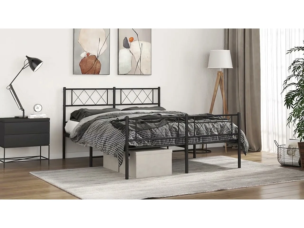 Cadre de lit métal sans matelas avec pied de lit noir 135x190cm