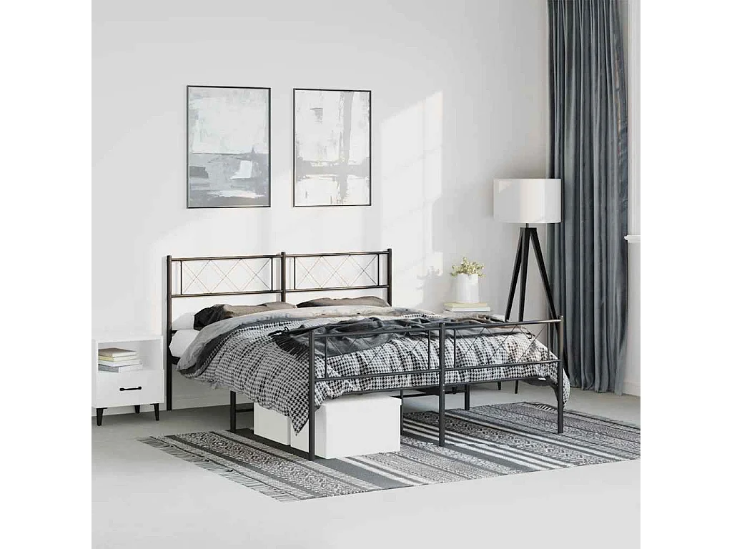 Cadre de lit métal sans matelas avec pied de lit noir 135x190cm