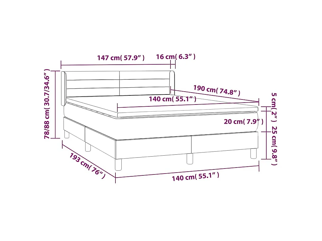 Cama box spring con colchón tela gris claro 140x190 cm